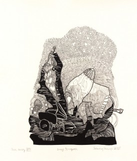 Sebastian Skowroński, Dwa światy XXIX, 2015, rysunek, piórko + linoryt 1/1, 34x29cm, papier Hahnemuhle 300g