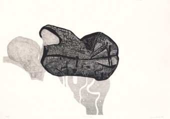 Sebastian Skowroński, Figura X, linoryt, odbitka 1 z 3 plus rysunek, piórko, 68x98cm, papier Hahnemuhle