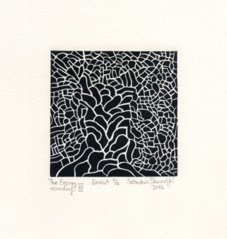 Sebastian Skowroński, The Energy recording XII, 2016, linoryt, 10x10cm, nakład 6 sztuk, papier Hahnemuhle 300g (19x18cm)