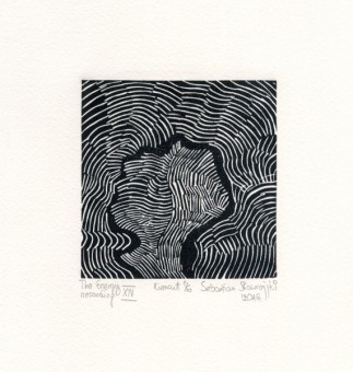 Sebastian Skowroński, The Energy recording XIV, 2016, linoryt, 10x10cm, nakład 6 sztuk, papier Hahnemuhle 300g (19x18cm)