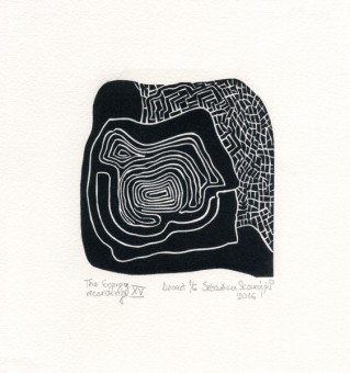Sebastian Skowroński, The Energy recording XV, 2016, linoryt, 10x10cm, nakład 6 sztuk, papier Hahnemuhle 300g (19x18cm)