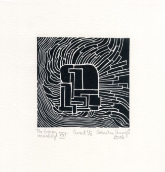 Sebastian Skowroński, The Energy recording XXI, 2016, linoryt, nakład 6 sztuk, 10x10cm, papier Hahnemuhle 230g (19x18cm)